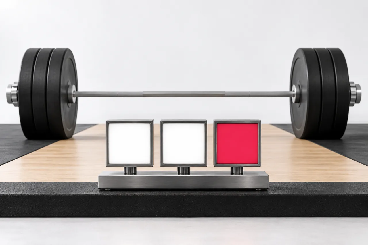 Three referee lights at the edge of a competition platform, two lit white and one lit red, sit in front of a loaded barbell, because referees judge each attempt against the federation's rules.