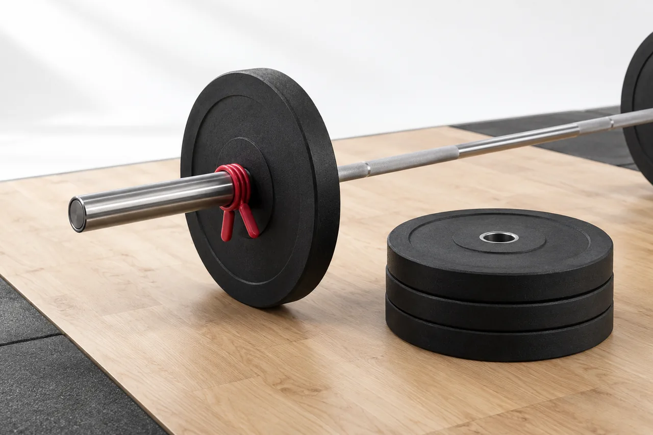 A barbell sleeve holds one black plate and a rose collar while the plates taken off sit stacked on the platform beside it, a lighter load that stays within reach.