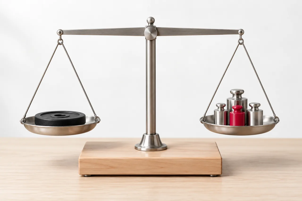 An equal-arm balance weighs a small plate against plain steel reference masses, one of them rose, because every level is a calculation within a named reference method.