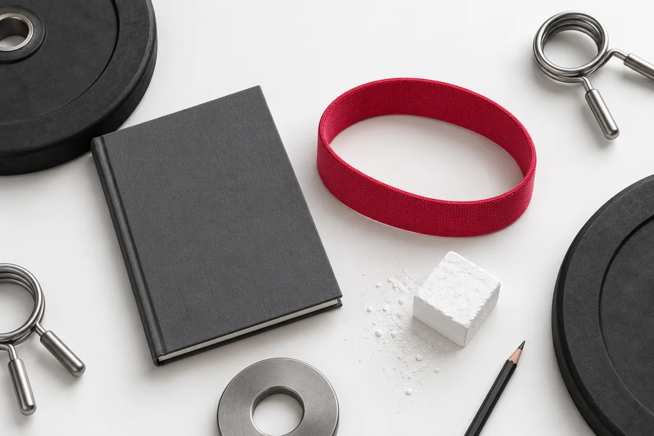 Two black plates, a closed training log, chalk, a pencil, spring collars, a small steel plate and a rose loop band spread across a white surface, the tools you use to measure, train and check again.