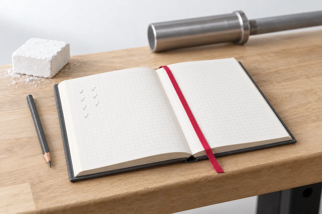 An open training log shows pencil ticks in a blank grid, and a rose ribbon marks a later page where the lifter plans to review the program.