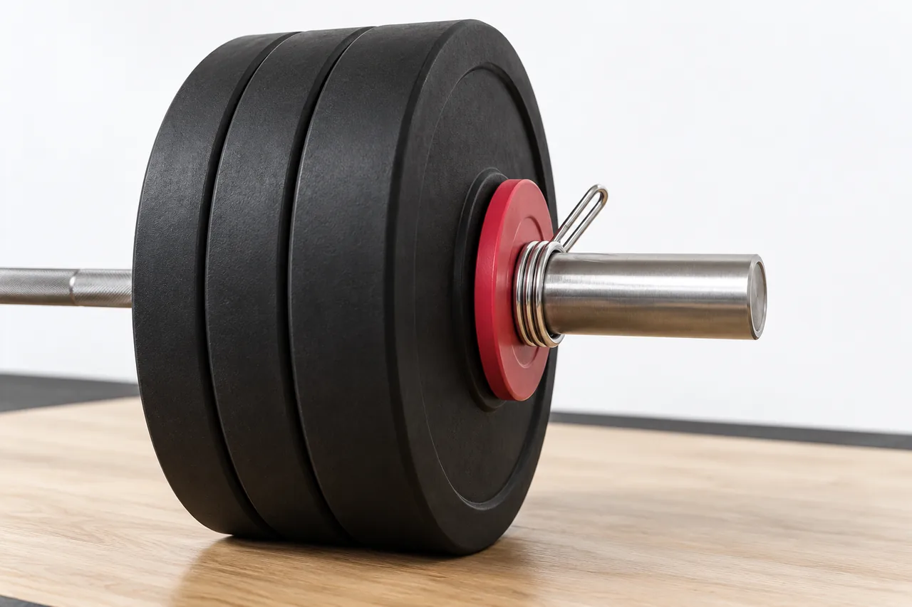 A thin rose change plate sits between the large black plates and the steel collar on a barbell sleeve, the smallest increase you can add once you complete the planned work.
