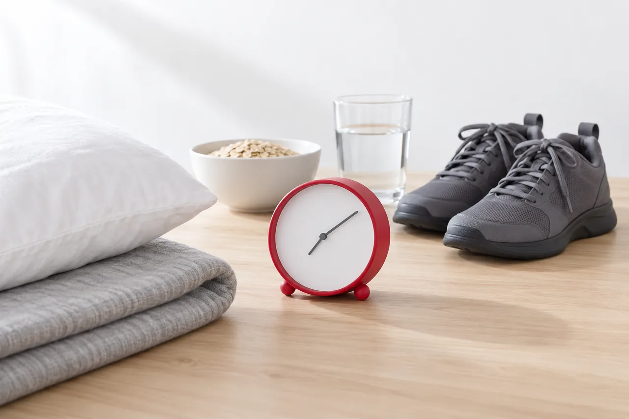 A pillow on a folded blanket, a rose bedside clock with a blank face, a bowl of oats, a glass of water and a pair of grey training shoes share one table, putting sleep and food beside training.