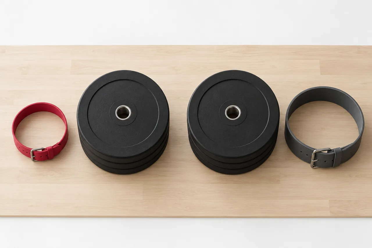 Two equal stacks of black plates sit beside a small rose lifting belt and a much larger slate belt, showing the same load lifted by a lighter and a heavier lifter.