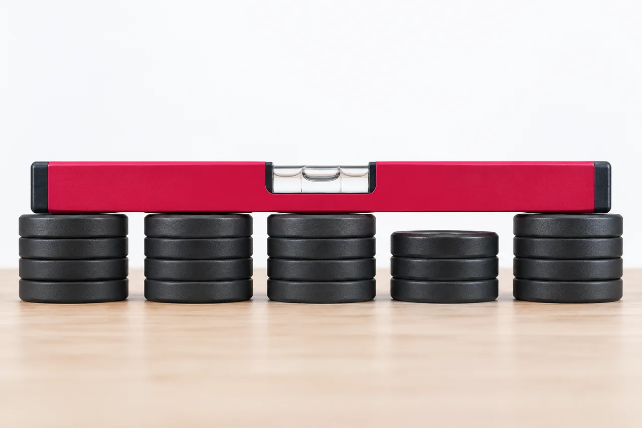A rose spirit level rests across five stacks of plates and leaves a gap above the one stack a plate shorter, like the gap the symmetry score finds between movement patterns.