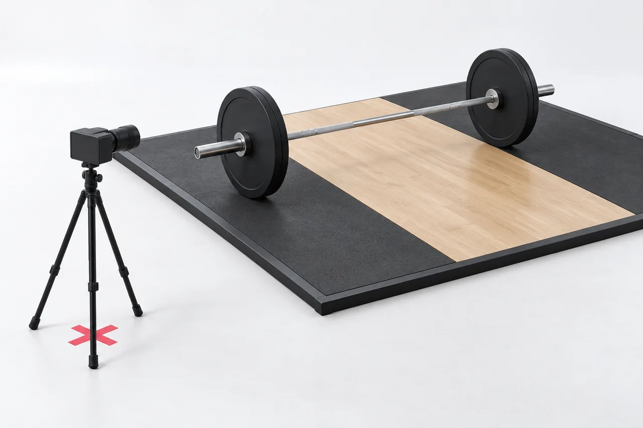 A small camera on a tripod stands over a rose tape cross at the end of a loaded barbell, set at plate height so it films the bar from the same spot each session.