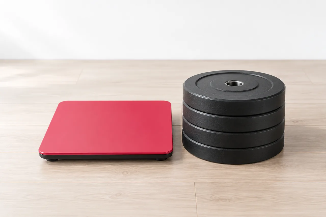 A slim rose bodyweight scale sits beside a stack of black plates, the two numbers you track together because a lift means the most against your own bodyweight.